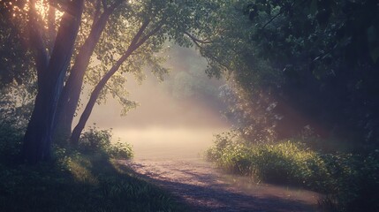 Obraz premium Misty Morning River Path, Sunlit Trees and Foggy Water