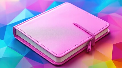 Vibrant pink notebook on a colorful geometric background