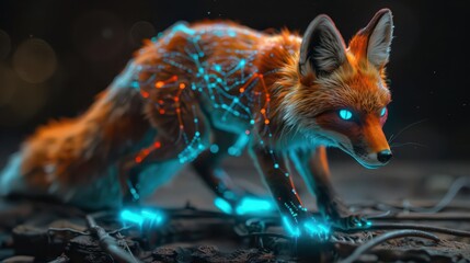 Obraz premium A futuristic fox with glowing circuitry, blending nature and technology.