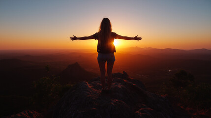 A silhouette of a confident woman standing on a mountain peak at sunrise, arms outstretched.