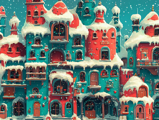 Charming cartoon Christmas village scene snow house festive decoration pine tree cozy winter ambiance holiday clipart seasonal wallpaper backdrop background greeting invitation card illustration
