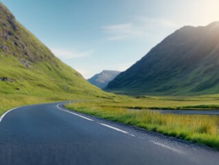 Naklejka premium Serene winding road gently curves through lush green valley bathed in soft sunlight. AI Generated