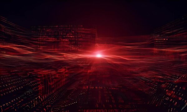 Abstract red digital landscape with binary code and glowing lines.