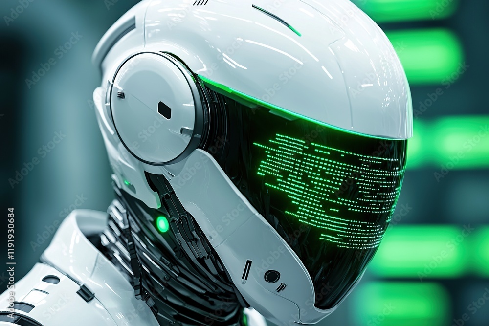 Poster safety technology concept. futuristic robot with a glowing helmet and digital interface display.