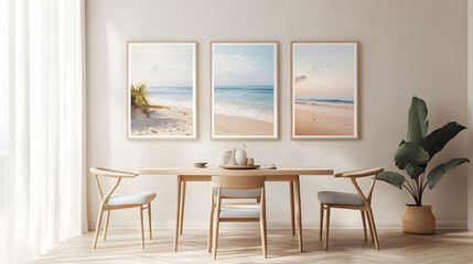 Minimalist Dining Room with Wooden Table, White Chairs, and Beach-Inspired Wall Art