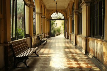 Fototapeta premium Hollow Corridor with Benches Revamps Institutional Space