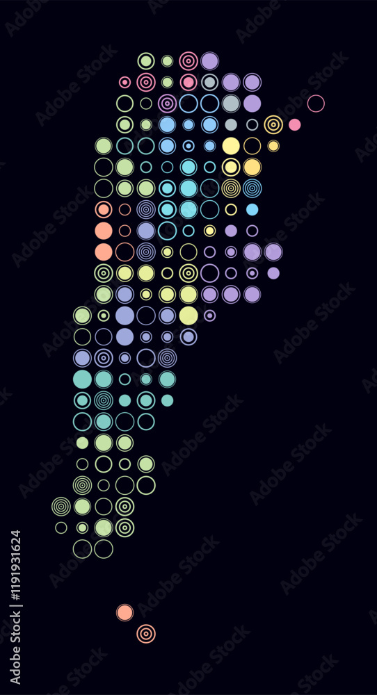 Poster argentina, shape of the country built of colored cells. digital style map of argentina on dark backg
