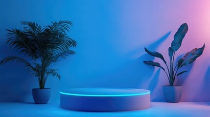 Blue platform pedestal podium with neon light for product display