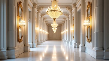 Opulent Marble Hallway with Golden Chandeliers and Elegant Details