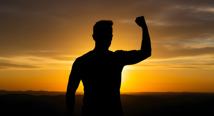 Fototapeta premium The silhouette of a resolute individual stands with his fist elevated in celebration against a radiant skyline. 
