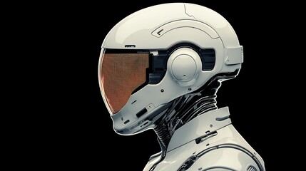 Safety Technology Concept. Futuristic robotic figure with a glowing visor and sleek design.