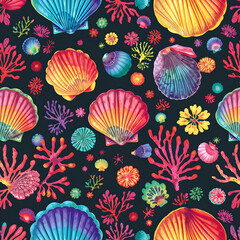 Seamless pattern of rainbow seashells and coral reefs, creating a vibrant underwater theme.