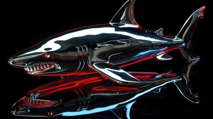 A shiny, metallic shark sculpture reflecting light in a dark background.