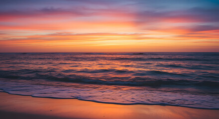 Fototapeta premium The soft sand is tenderly brushed by the hazy tropical waves beneath a brilliant sunset.