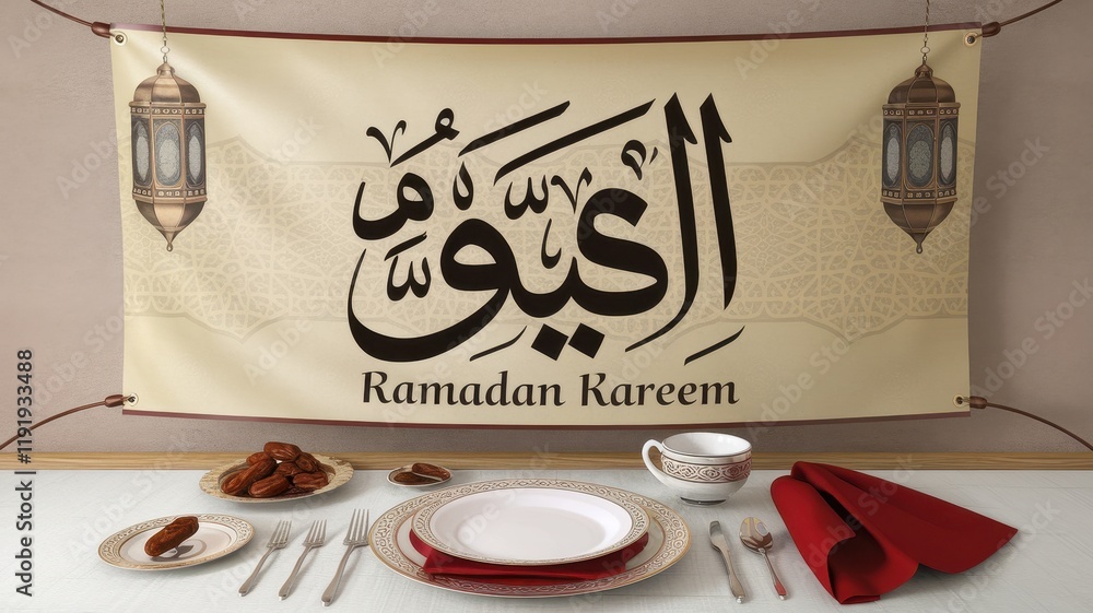 Poster ramadan kareem festive table setting with dates and lanterns