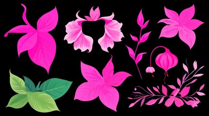 Vibrant Botanical Elements with High Detail in Bright Pink and Green Colors