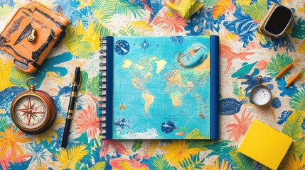 Flatlay of travel accessories & world map journal.