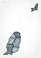 Grenada regions word clouds. Country shape on textured background. Grenada design in typographic style. Amazing vector illustration.