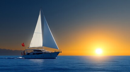Fototapeta premium Serene sailboat glides gracefully across calm ocean waters bathed in warm sunset light. AI Generated