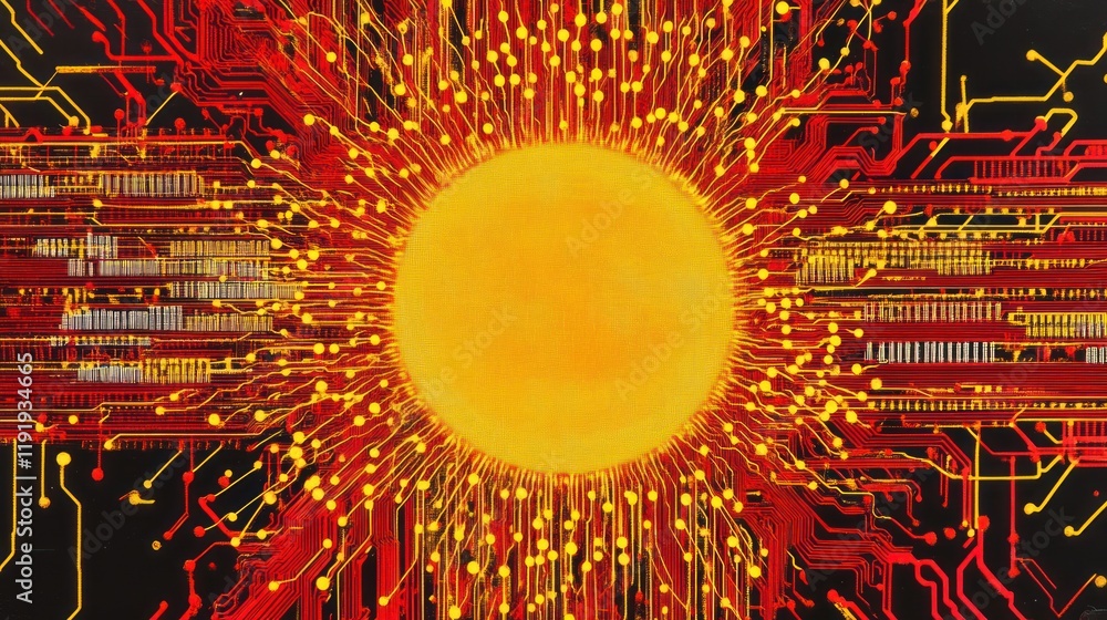 Poster abstract digital sunburst artwork with circuit board pattern.