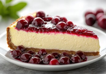 Delicious cheesecake slice topped with vibrant cherry sauce on a white plate, surrounded by fresh cherries and mint leaves, perfect for dessert lovers and culinary photography