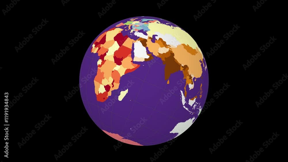 Poster rotating planet. tilted sphere view. moderate speed globe rotation. colored countries style. world m