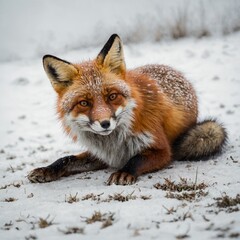 A fox rolling on the ground playfully on a white background.