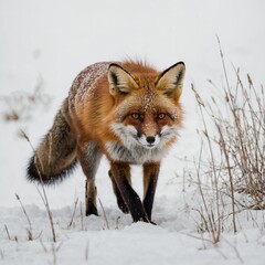 Obraz premium A fox prowling stealthily on a white background.