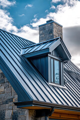 Blue-gray metal roof on a house with skylights and a chimney against a blue sky with clouds in the background, a close-up view. Metal roof for home construction or modern architectural design.