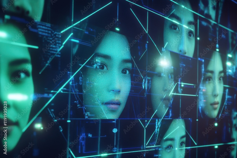 Poster futuristic ai interface analyzing faces through advanced technology connections
