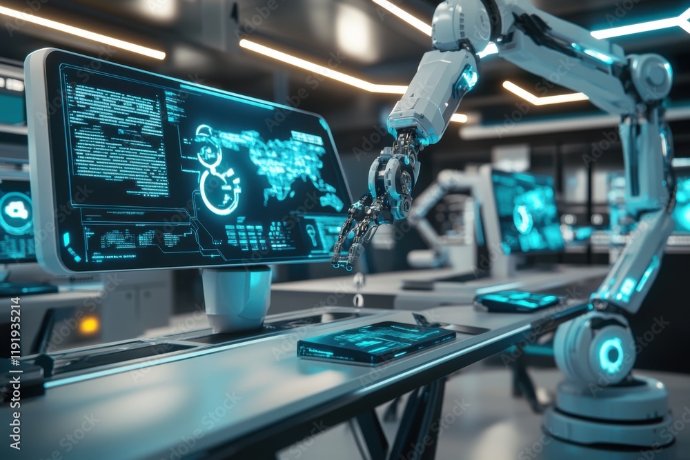 Poster futuristic office with robotic arms controlling digital interfaces
