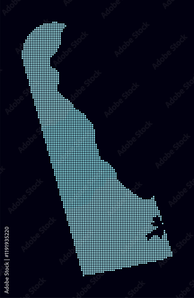 Poster delaware dotted map. digital style map of the state on dark background. delaware shape with circle d
