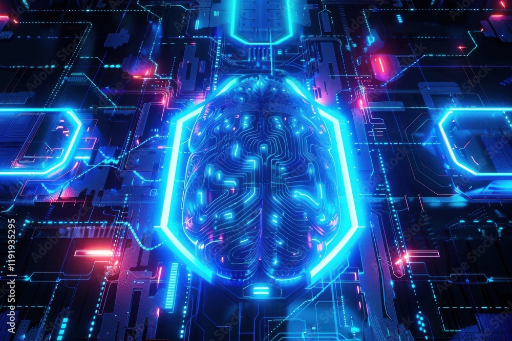 Poster glowing ai brain surrounded by digital security elements in a dark grid