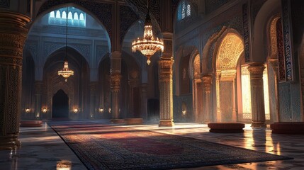 Obraz premium Elegant Interior of Mosque Featuring Intricate Chandeliers and Patterns