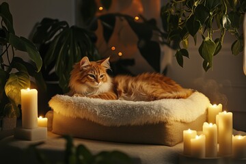 Luxurious pet spa experience with a pampered cat in soothing ambiance