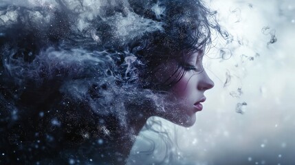 Fototapeta premium Serene Dreamscape: A Woman Emerging from a Mystical, Smoky Haze