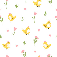 Easter pattern with different characters and other elements. Easter bunny, chicks, eggs and flowers, sheep, basket with eggs. Vector illustration.