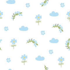 Easter pattern with different characters and other elements. Easter bunny, chicks, eggs and flowers, sheep, basket with eggs. Vector illustration.