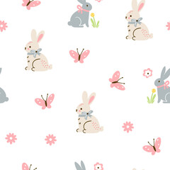 Easter pattern with different characters and other elements. Easter bunny, chicks, eggs and flowers, sheep, basket with eggs. Vector illustration.