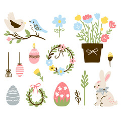 Set of cute Easter characters and elements. Easter bunny, chicks, eggs and flowers. Vector illustration.