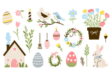 Set of cute Easter characters and elements. Easter bunny, chicks, eggs and flowers. Vector illustration.