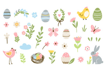 Set of cute Easter characters and elements. Easter bunny, chicks, eggs and flowers. Vector illustration. © Olha