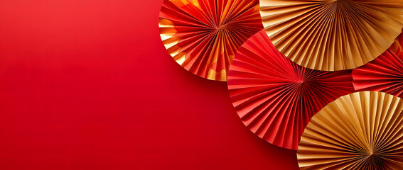 Elegant Red and Gold Lunar New Year Background with Paper Fans and Floral Decorations