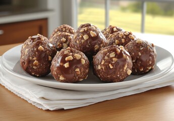 Delicious Chocolate Energy Balls on a White Plate Surrounded by Natural Light With Green Background and Soft Kitchen Decor for Healthy Snack Inspiration
