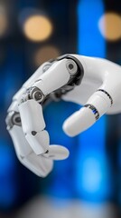 Robotic hand delicately grasping softly lit by cool blue hues. AI Generated