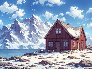 Snowy Mountain Cabin Landscape