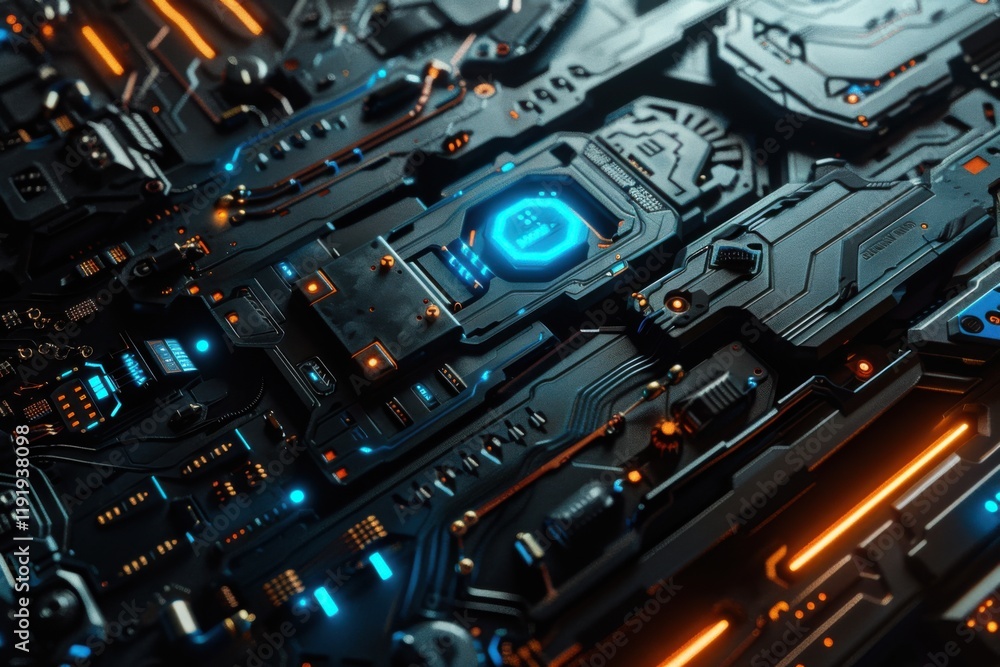 Poster modern ai processor with glowing blue circuits and intricate details