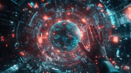 Obraz premium Hand reaching glowing digital sphere in futuristic tunnel.