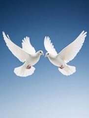 Two white doves soar gracefully against a vibrant blue sky peaceful flight elegant composition. AI Generated