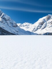 Fototapeta premium Serene winter landscape: snow covered plains gently meet majestic snow capped mountains under a vibrant blue sky. AI Generated